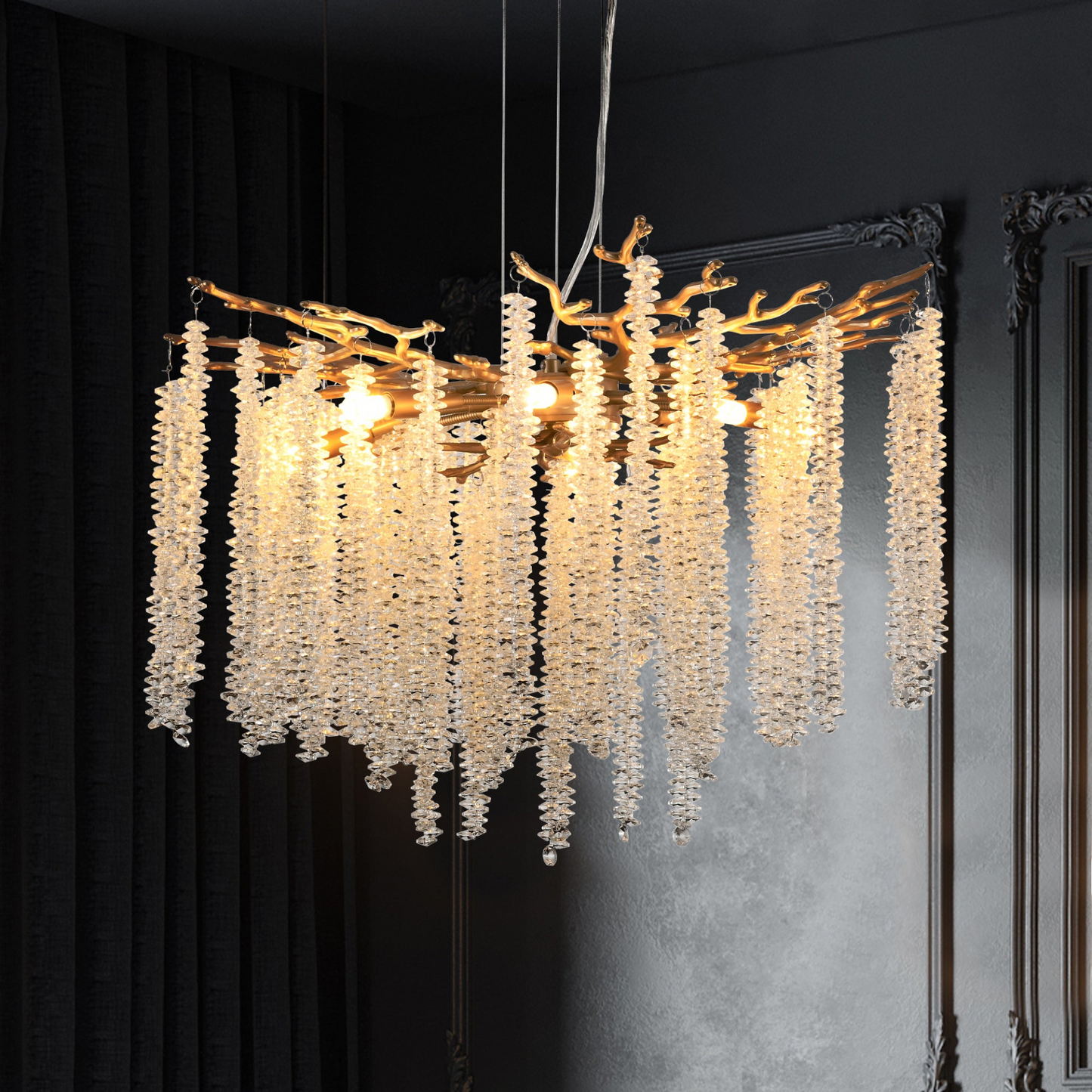 23.6-inch Modern Golden Pendant Light with Cascading Crystal Strands, Ideal for Living Room, Dining Room and Foyer, High-End Decorative Lighting Fixture (Bulb Not Included)