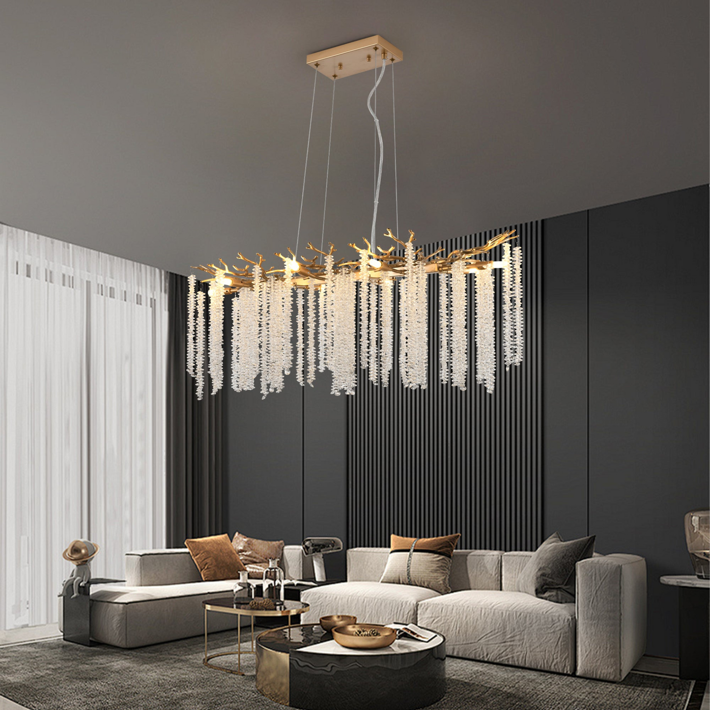 39.4-inch Modern Golden Pendant Light with Cascading Crystal Strands, Ideal for Living Room, Dining Room and Foyer, High-End Decorative Lighting Fixture (Bulb Not Included)