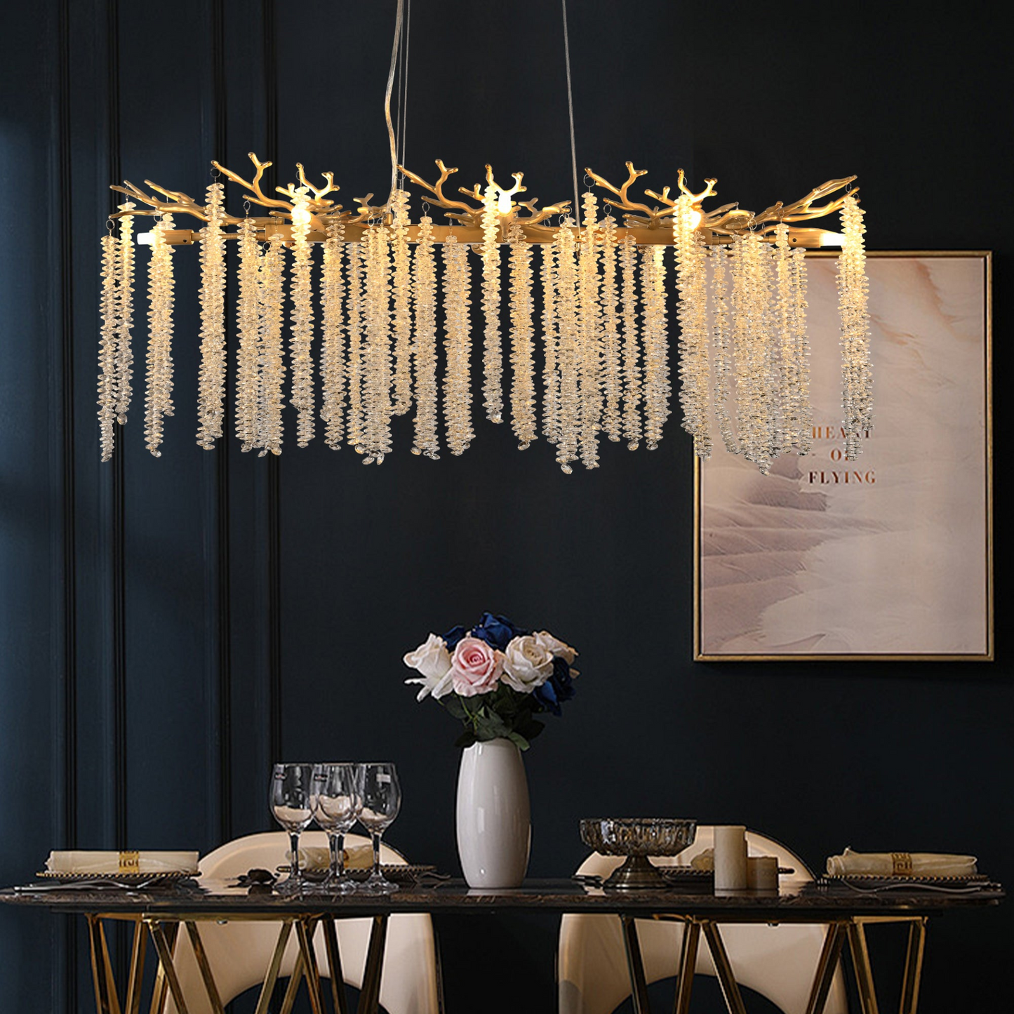 39.4-inch Modern Golden Pendant Light with Cascading Crystal Strands, Ideal for Living Room, Dining Room and Foyer, High-End Decorative Lighting Fixture (Bulb Not Included)
