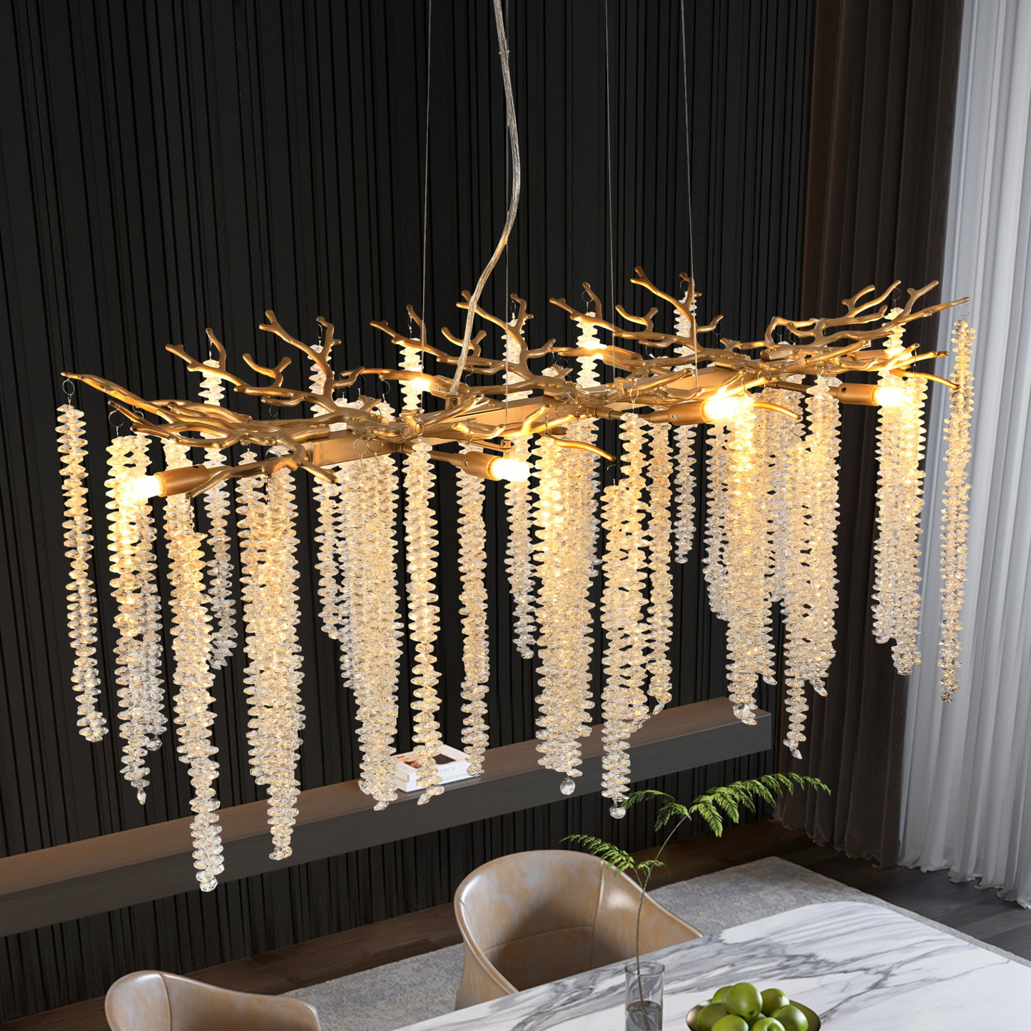 39.4-inch Modern Golden Pendant Light with Cascading Crystal Strands, Ideal for Living Room, Dining Room and Foyer, High-End Decorative Lighting Fixture (Bulb Not Included)