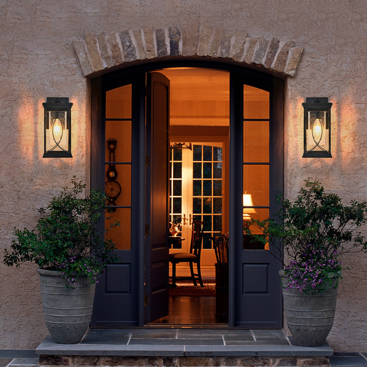 1-pack Black Outdoor Wall Lantern with Crackled Glass, Weather-Resistant Exterior Light Fixture for Porch, Patio, and Entryway, Modern Decorative Wall Sconce with E26 Base (Bulb Not Included)