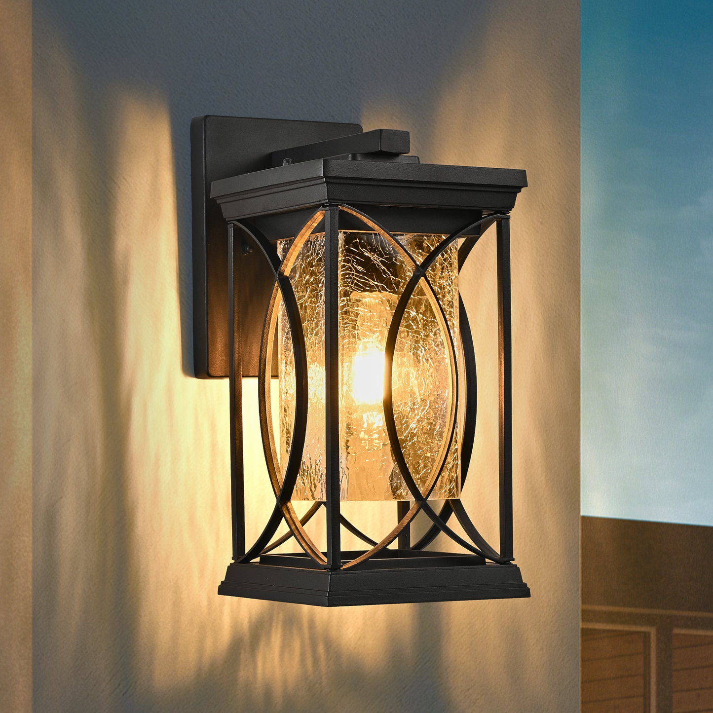 1-pack Black Outdoor Wall Lantern with Crackled Glass, Weather-Resistant Exterior Light Fixture for Porch, Patio, and Entryway, Modern Decorative Wall Sconce with E26 Base (Bulb Not Included)