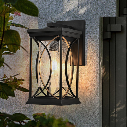 1-pack Black Outdoor Wall Lantern with Crackled Glass, Weather-Resistant Exterior Light Fixture for Porch, Patio, and Entryway, Modern Decorative Wall Sconce with E26 Base (Bulb Not Included)