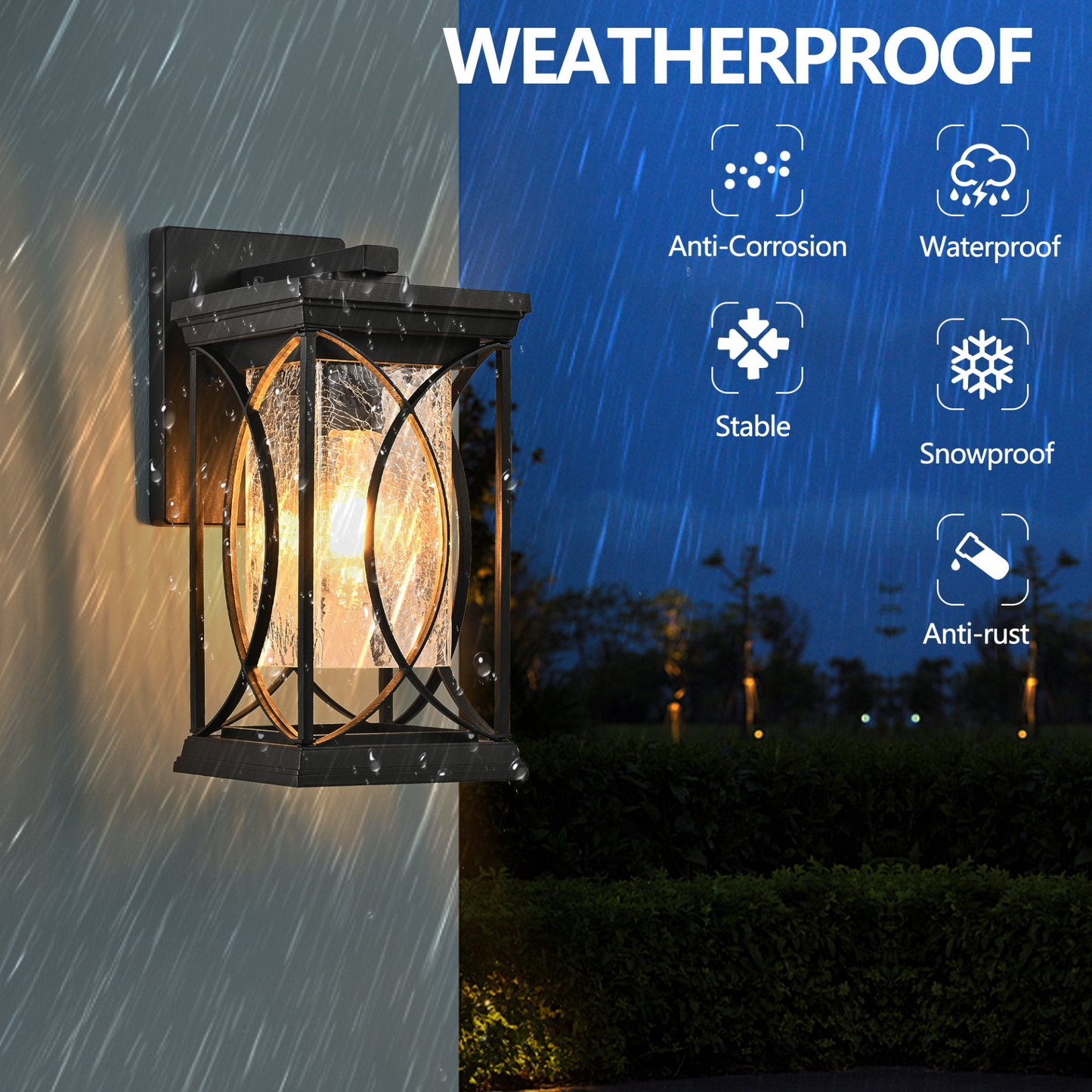 1-pack Black Outdoor Wall Lantern with Crackled Glass, Weather-Resistant Exterior Light Fixture for Porch, Patio, and Entryway, Modern Decorative Wall Sconce with E26 Base (Bulb Not Included)