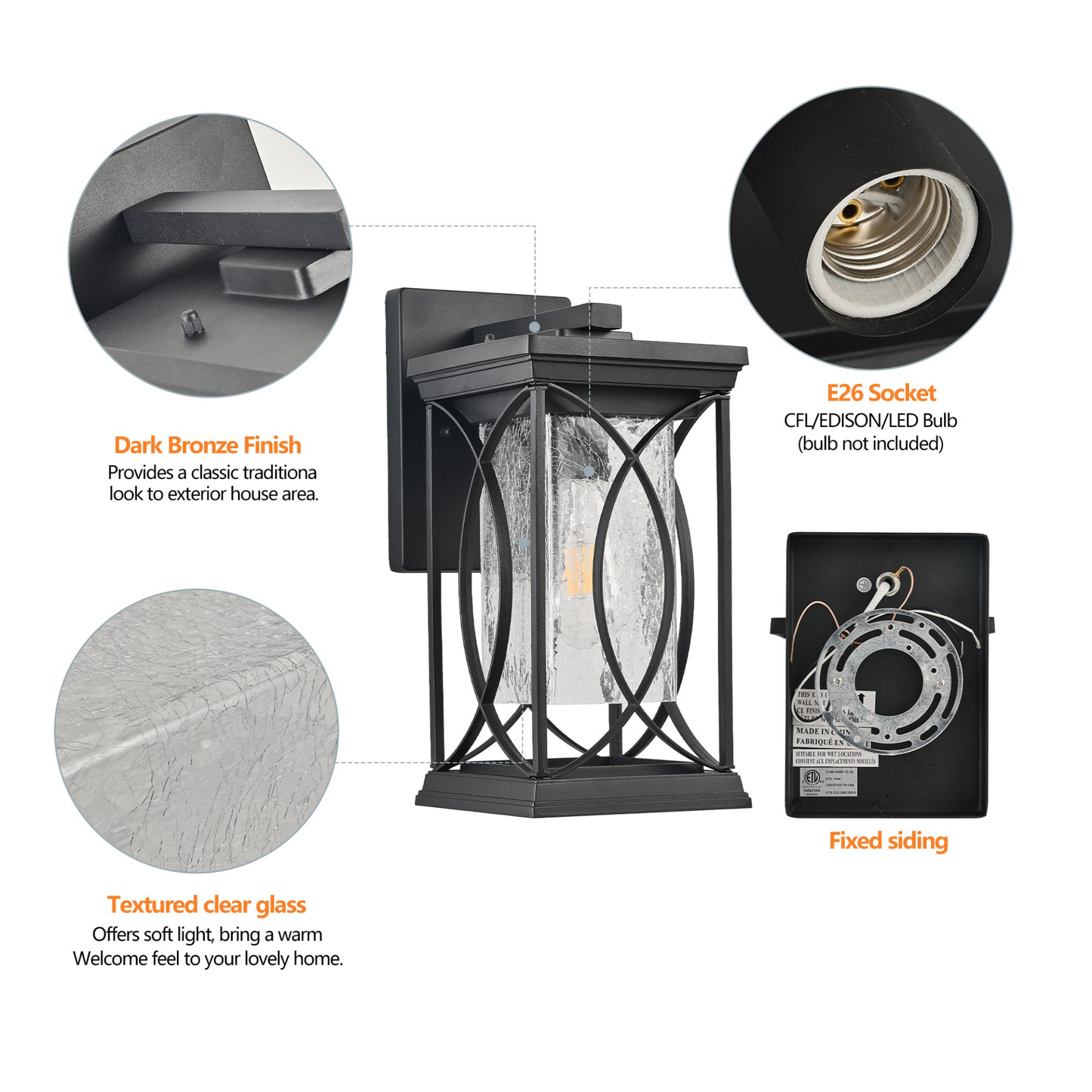 1-pack Black Outdoor Wall Lantern with Crackled Glass, Weather-Resistant Exterior Light Fixture for Porch, Patio, and Entryway, Modern Decorative Wall Sconce with E26 Base (Bulb Not Included)