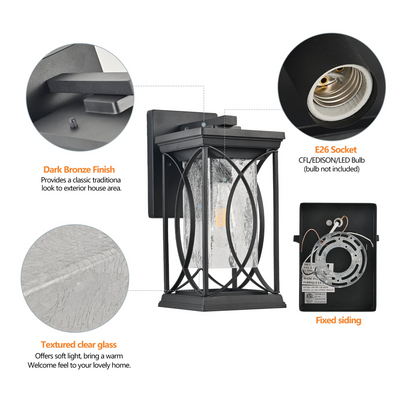1-pack Black Outdoor Wall Lantern with Crackled Glass, Weather-Resistant Exterior Light Fixture for Porch, Patio, and Entryway, Modern Decorative Wall Sconce with E26 Base (Bulb Not Included)