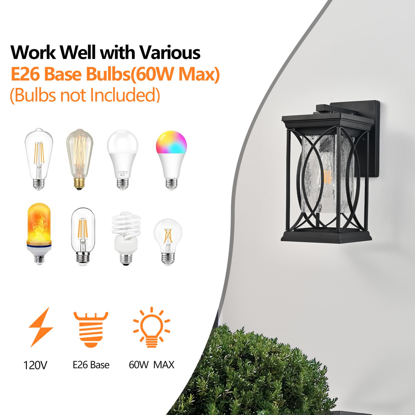 1-pack Black Outdoor Wall Lantern with Crackled Glass, Weather-Resistant Exterior Light Fixture for Porch, Patio, and Entryway, Modern Decorative Wall Sconce with E26 Base (Bulb Not Included)