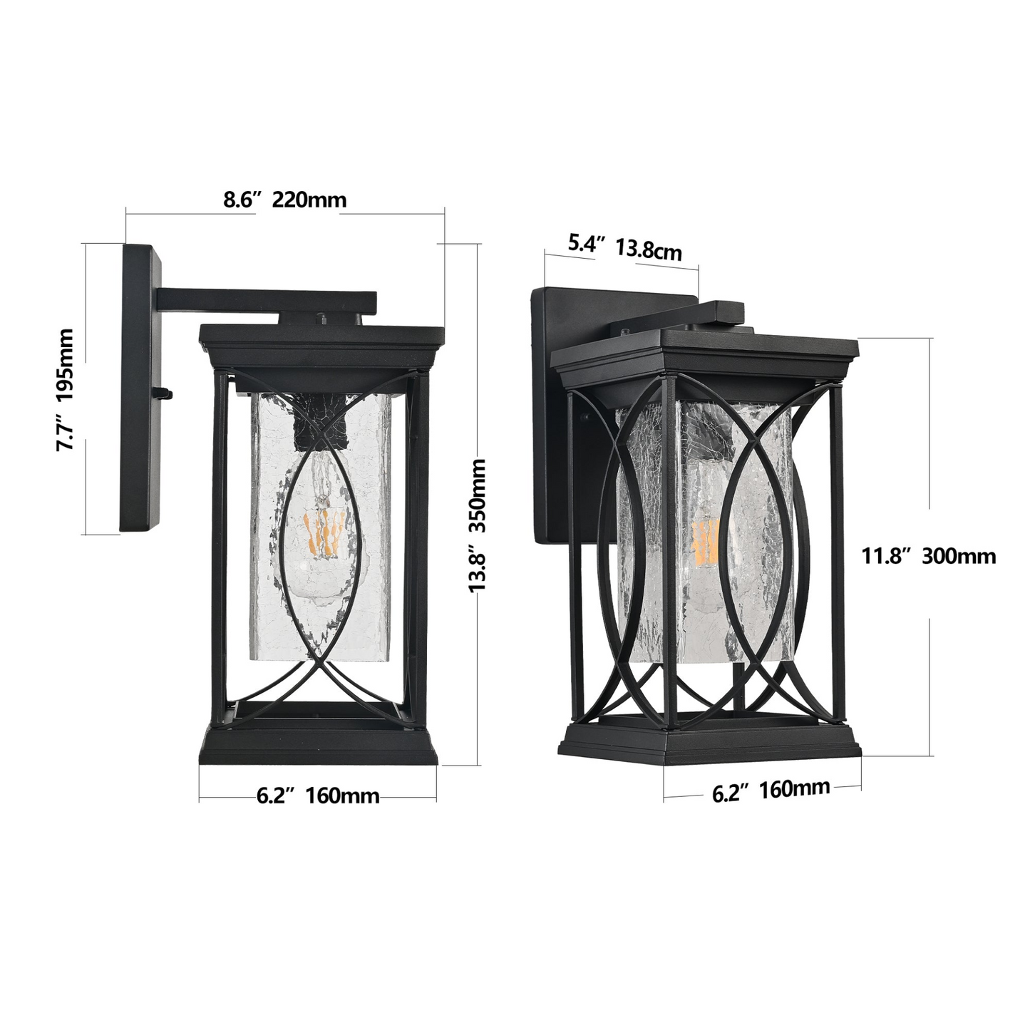 1-pack Black Outdoor Wall Lantern with Crackled Glass, Weather-Resistant Exterior Light Fixture for Porch, Patio, and Entryway, Modern Decorative Wall Sconce with E26 Base (Bulb Not Included)