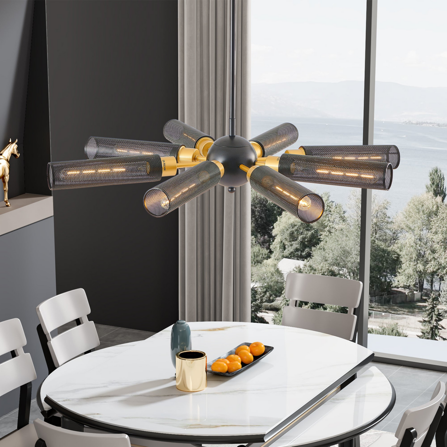 Modern Industrial Sputnik Chandelier, 8-Light Black and Gold Metal Pendant Light with Mesh Shades, E26 Base, Adjustable Height for Dining Room, Living Room, or Kitchen Island (Bulb Not Included)