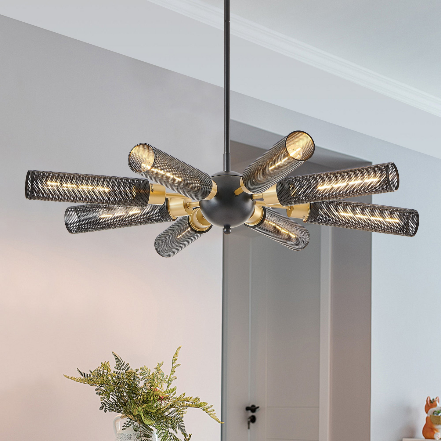 Modern Industrial Sputnik Chandelier, 8-Light Black and Gold Metal Pendant Light with Mesh Shades, E26 Base, Adjustable Height for Dining Room, Living Room, or Kitchen Island (Bulb Not Included)