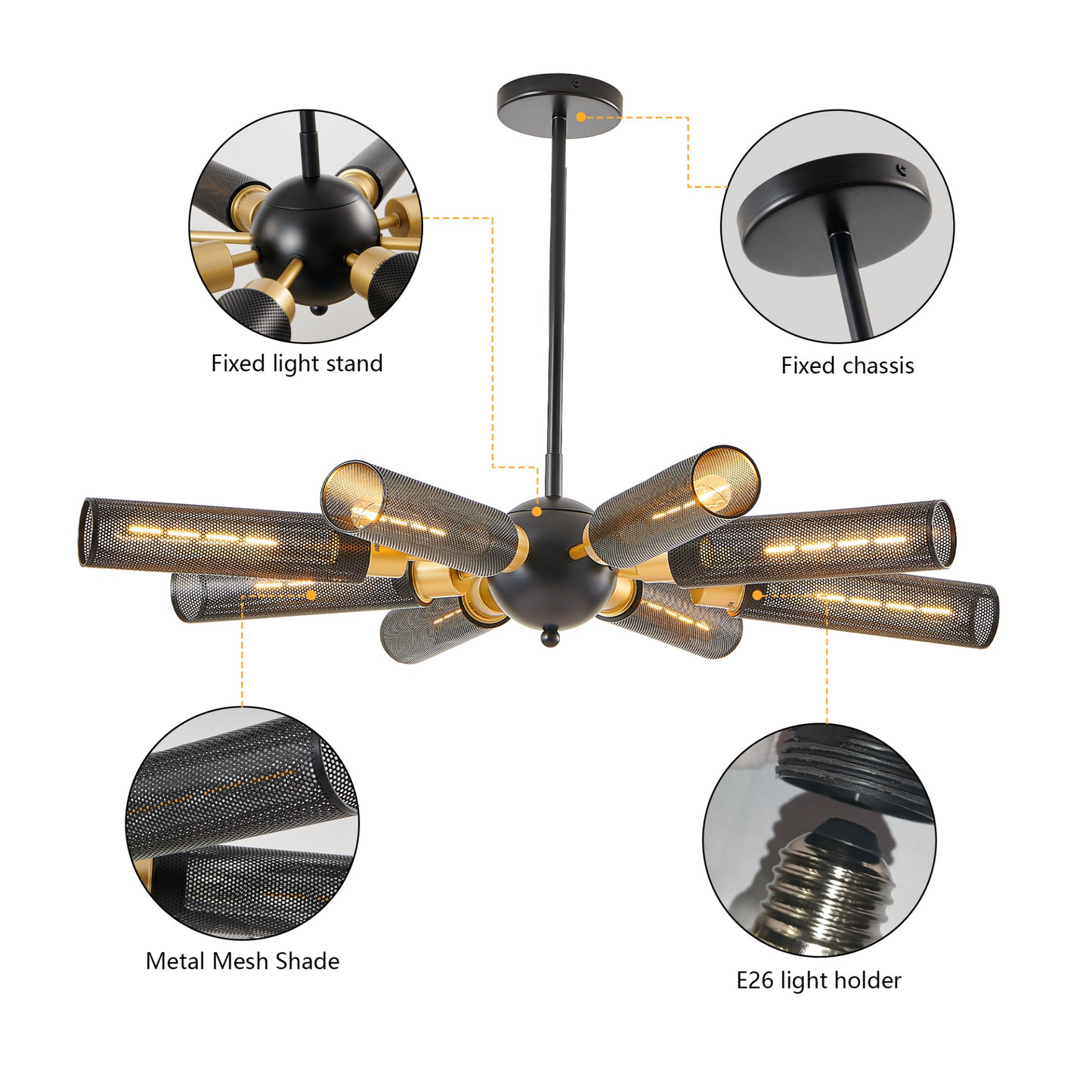 Modern Industrial Sputnik Chandelier, 8-Light Black and Gold Metal Pendant Light with Mesh Shades, E26 Base, Adjustable Height for Dining Room, Living Room, or Kitchen Island (Bulb Not Included)