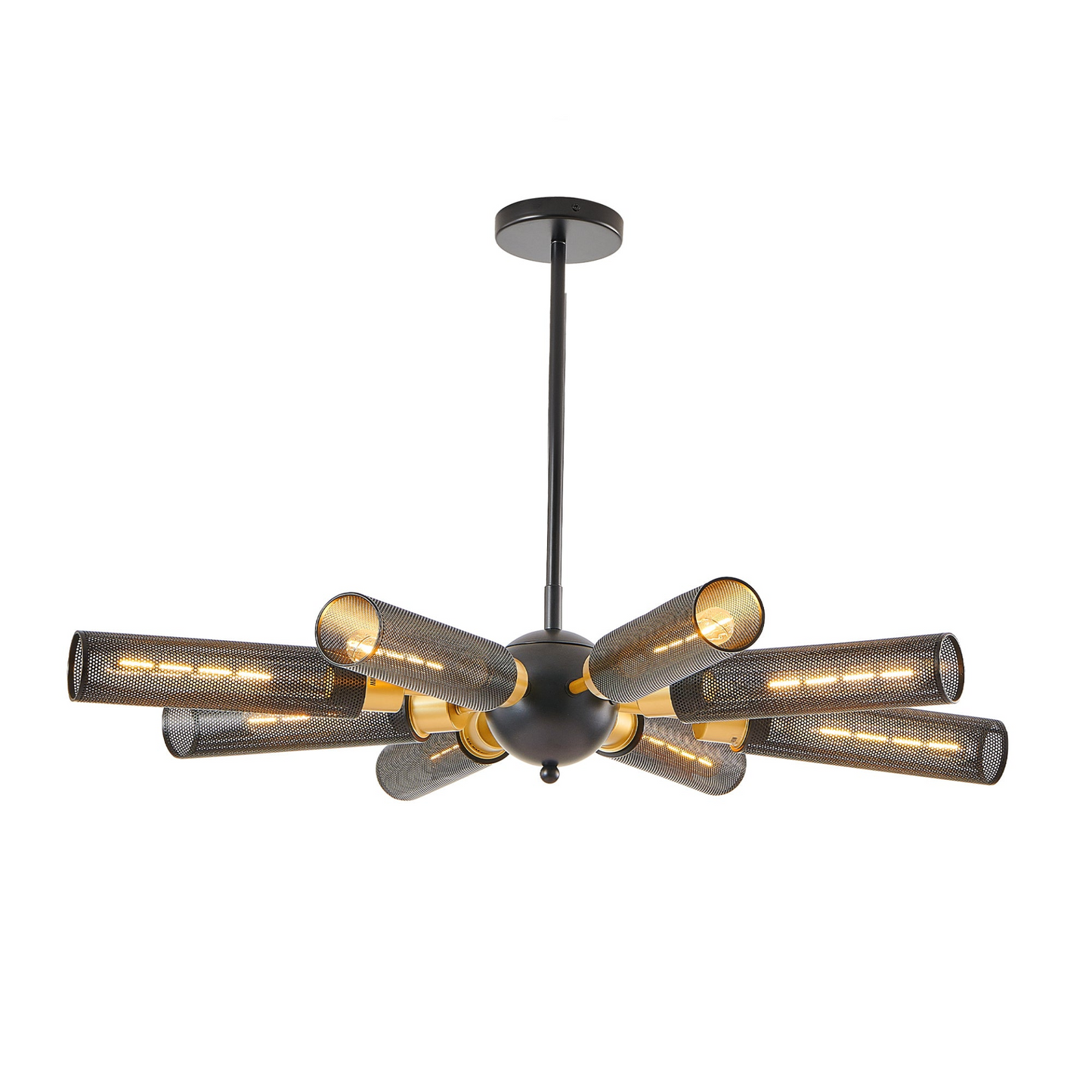 Modern Industrial Sputnik Chandelier, 8-Light Black and Gold Metal Pendant Light with Mesh Shades, E26 Base, Adjustable Height for Dining Room, Living Room, or Kitchen Island (Bulb Not Included)