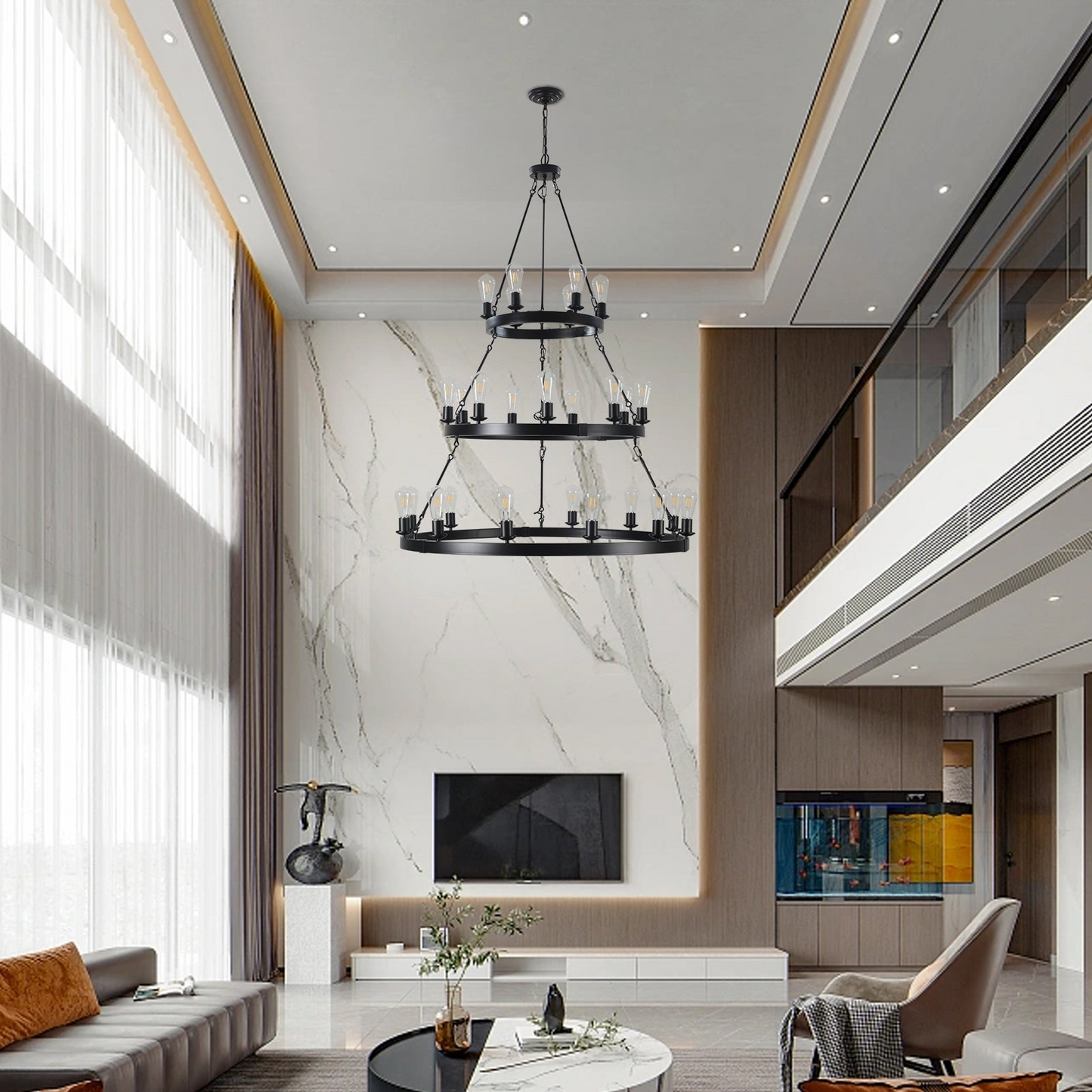 27 Light Metal Ring Chandelier Black