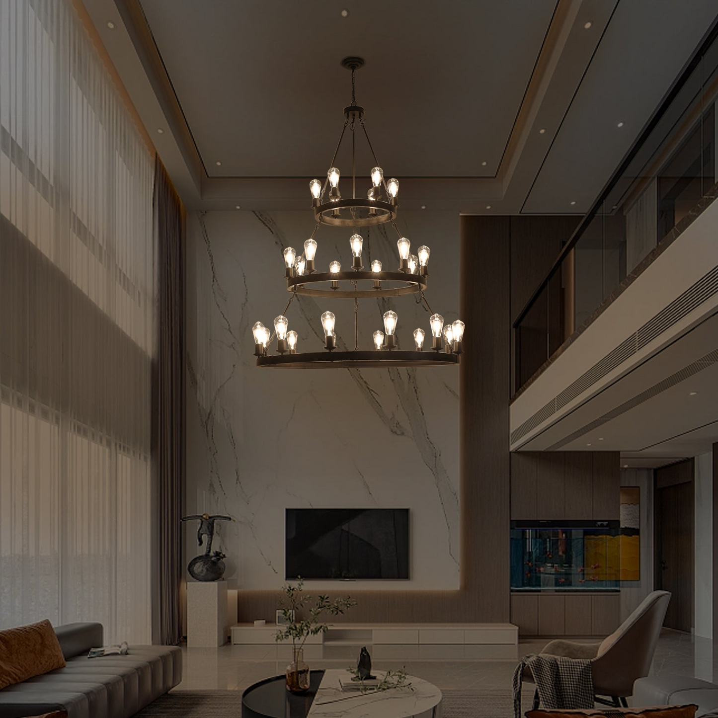 27 Light Metal Ring Chandelier Black