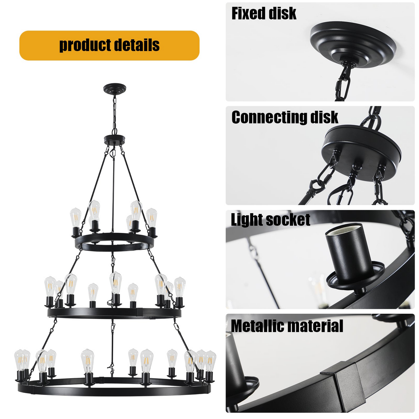27 Light Metal Ring Chandelier Black