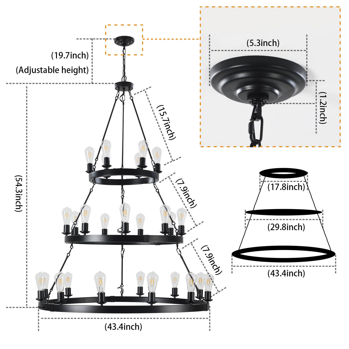 27 Light Metal Ring Chandelier Black