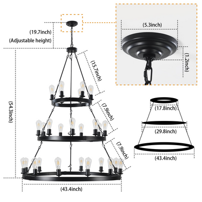 27 Light Metal Ring Chandelier Black