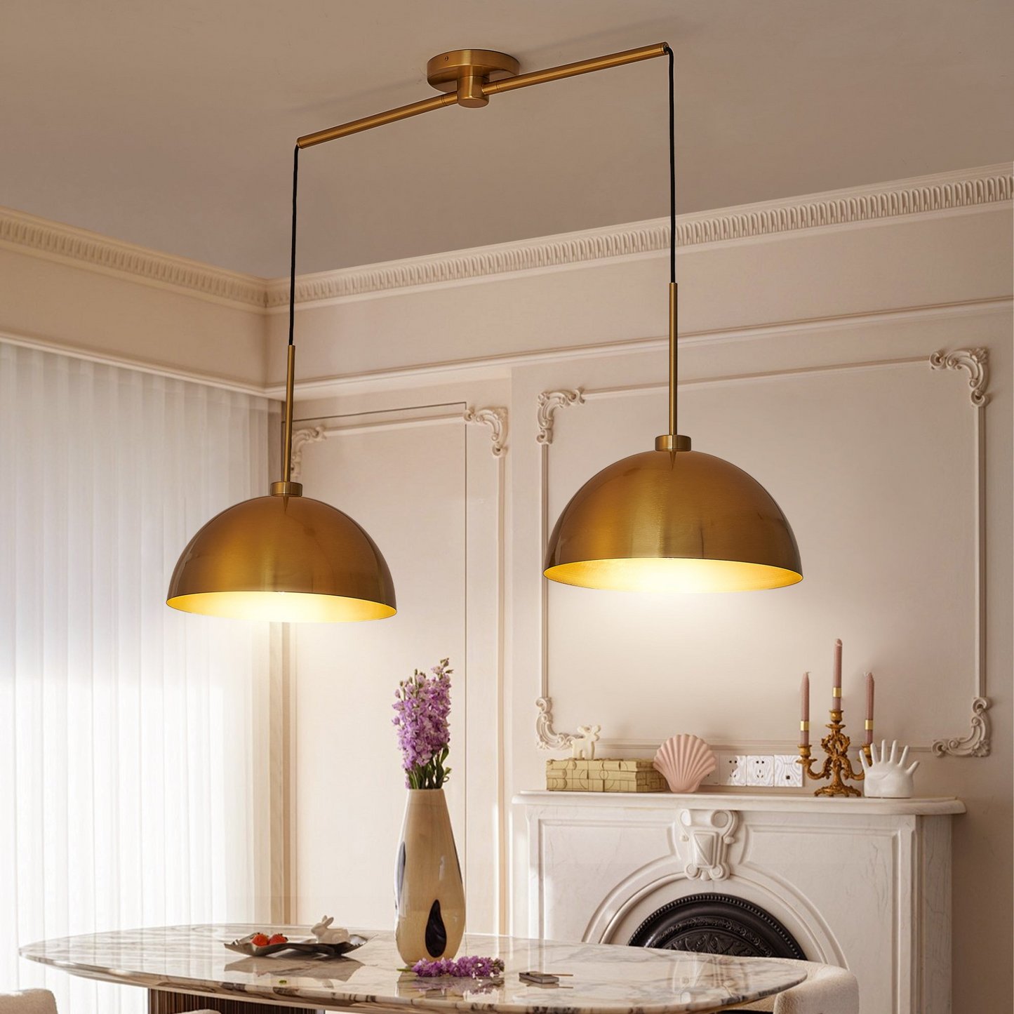 Industrial Modern Copper Color Double Pendant Light – Adjustable Ceiling Hanging Lamp with Bright Finish for Dining Room, Kitchen, or Living Room – Stylish and Durable Lighting Fixture (No Bulbs)