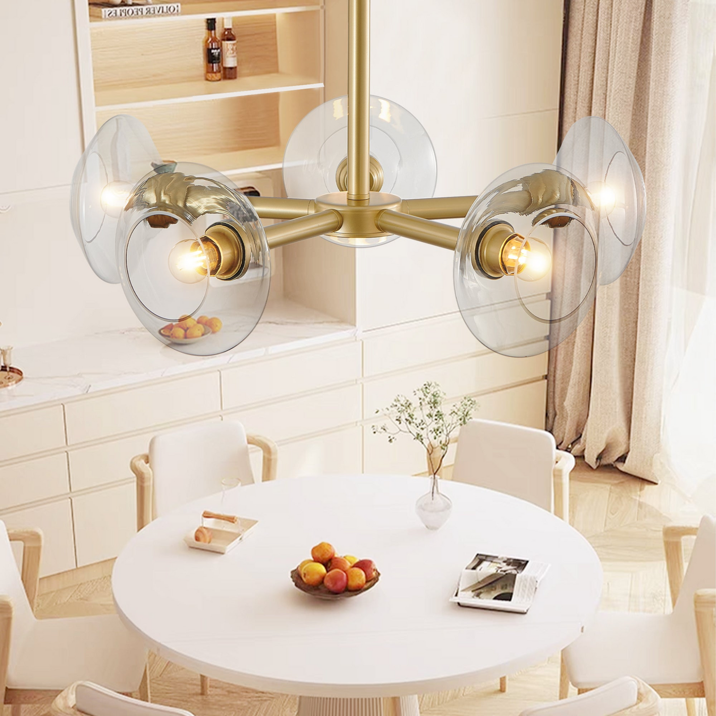 Modern Gold 5-Light Sputnik Chandelier with Clear Glass Shades, Mid-Century Hanging Pendant Light Fixture for Dining Room, Living Room, or Kitchen (Bulb Not Included)
