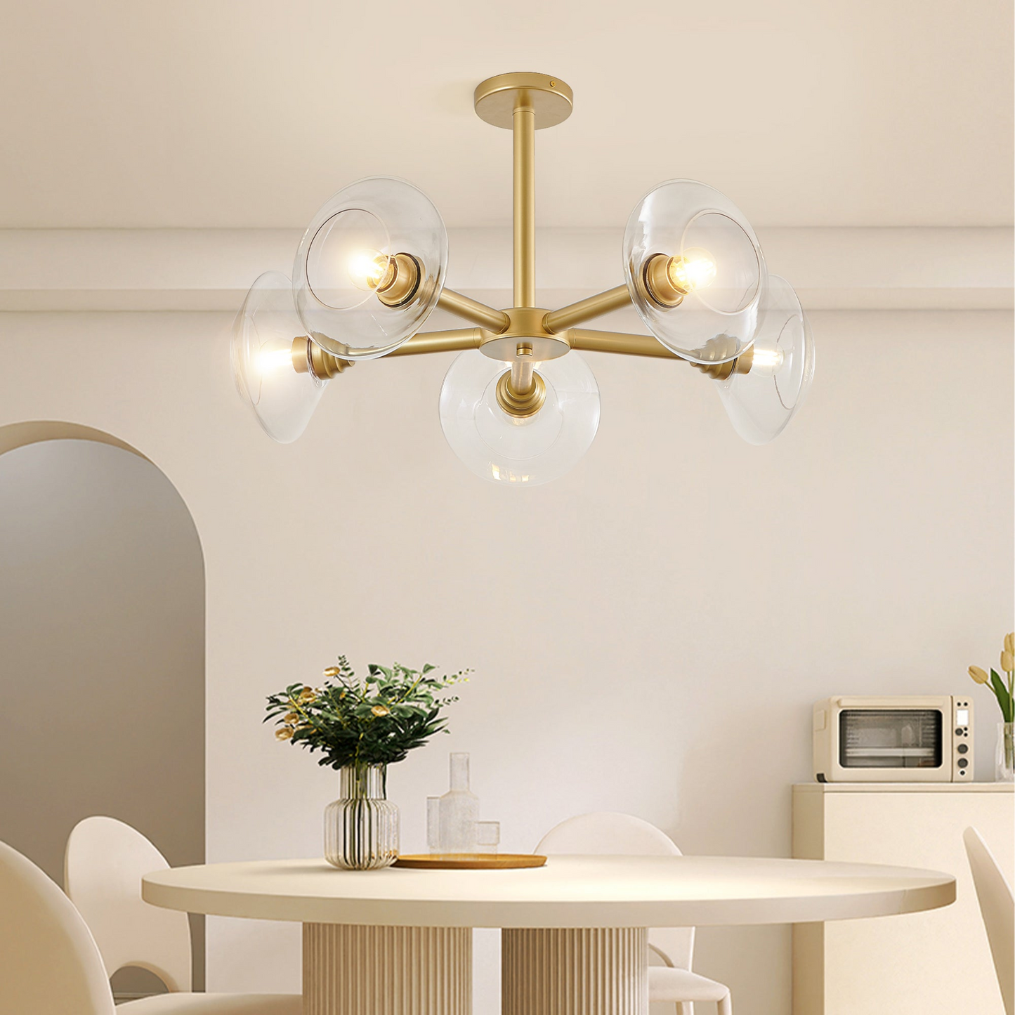 Modern Gold 5-Light Sputnik Chandelier with Clear Glass Shades, Mid-Century Hanging Pendant Light Fixture for Dining Room, Living Room, or Kitchen (Bulb Not Included)