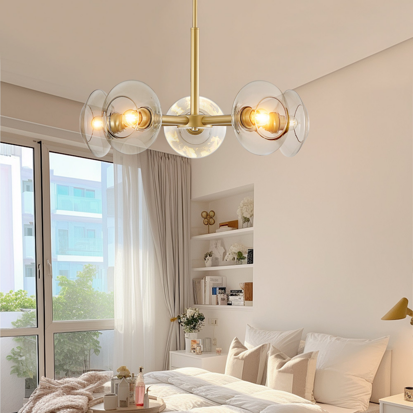 Modern Gold 5-Light Sputnik Chandelier with Clear Glass Shades, Mid-Century Hanging Pendant Light Fixture for Dining Room, Living Room, or Kitchen (Bulb Not Included)
