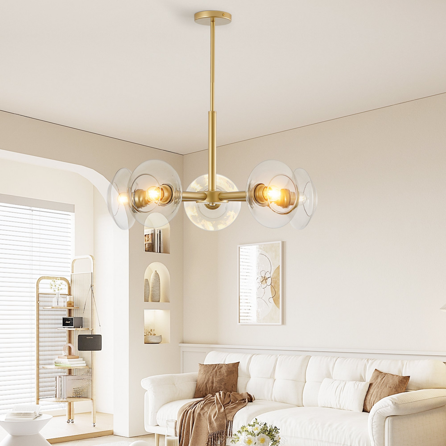 Modern Gold 5-Light Sputnik Chandelier with Clear Glass Shades, Mid-Century Hanging Pendant Light Fixture for Dining Room, Living Room, or Kitchen (Bulb Not Included)