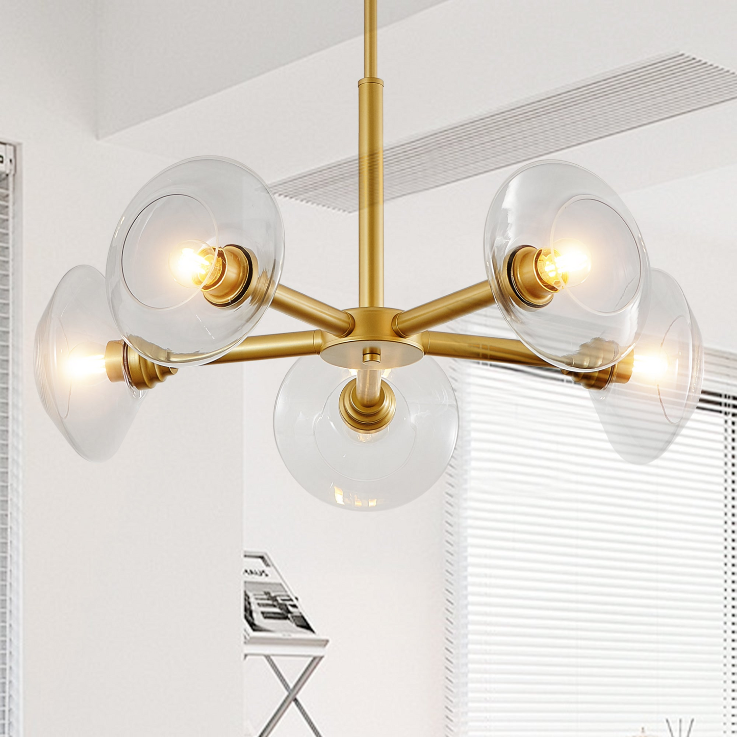 Modern Gold 5-Light Sputnik Chandelier with Clear Glass Shades, Mid-Century Hanging Pendant Light Fixture for Dining Room, Living Room, or Kitchen (Bulb Not Included)