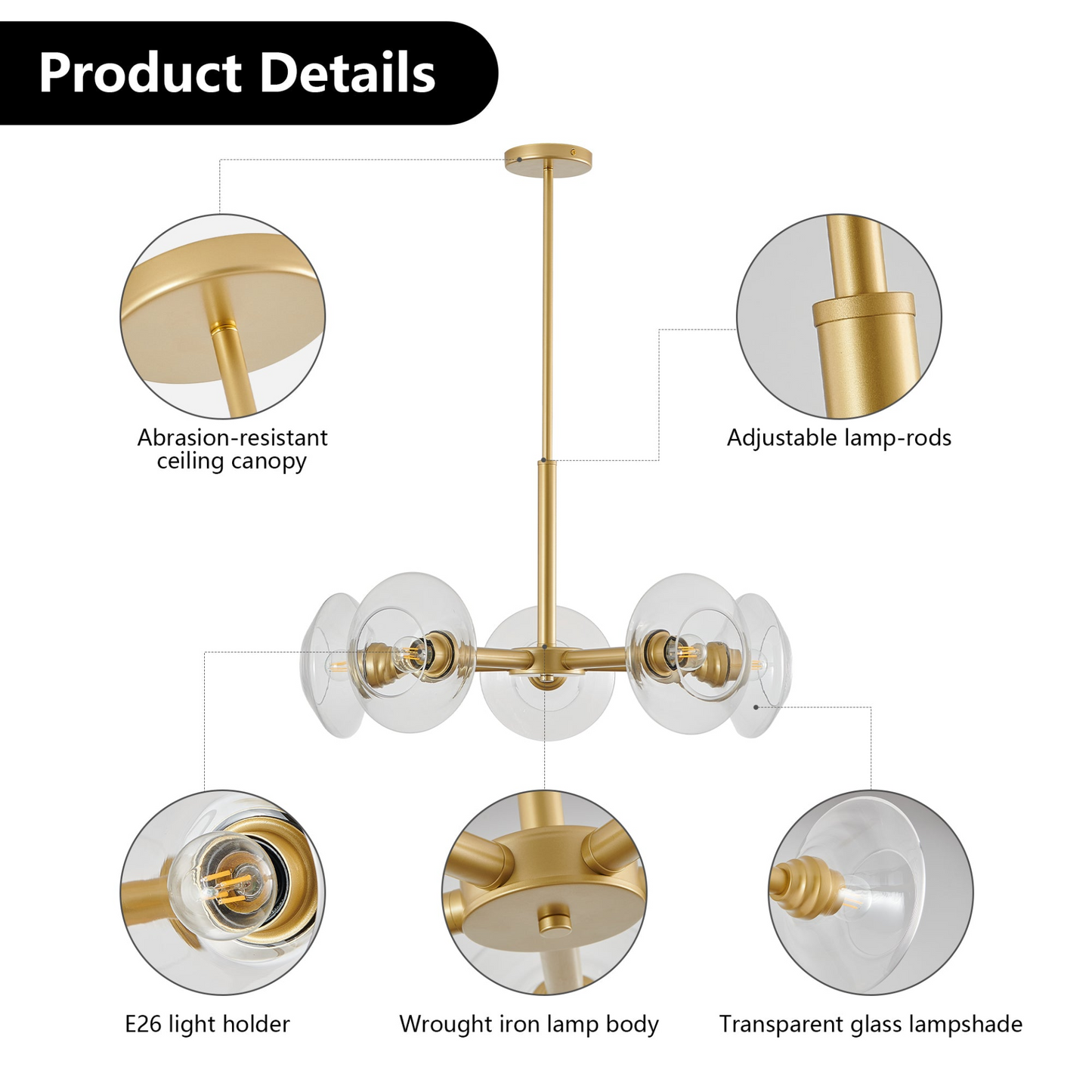 Modern Gold 5-Light Sputnik Chandelier with Clear Glass Shades, Mid-Century Hanging Pendant Light Fixture for Dining Room, Living Room, or Kitchen (Bulb Not Included)