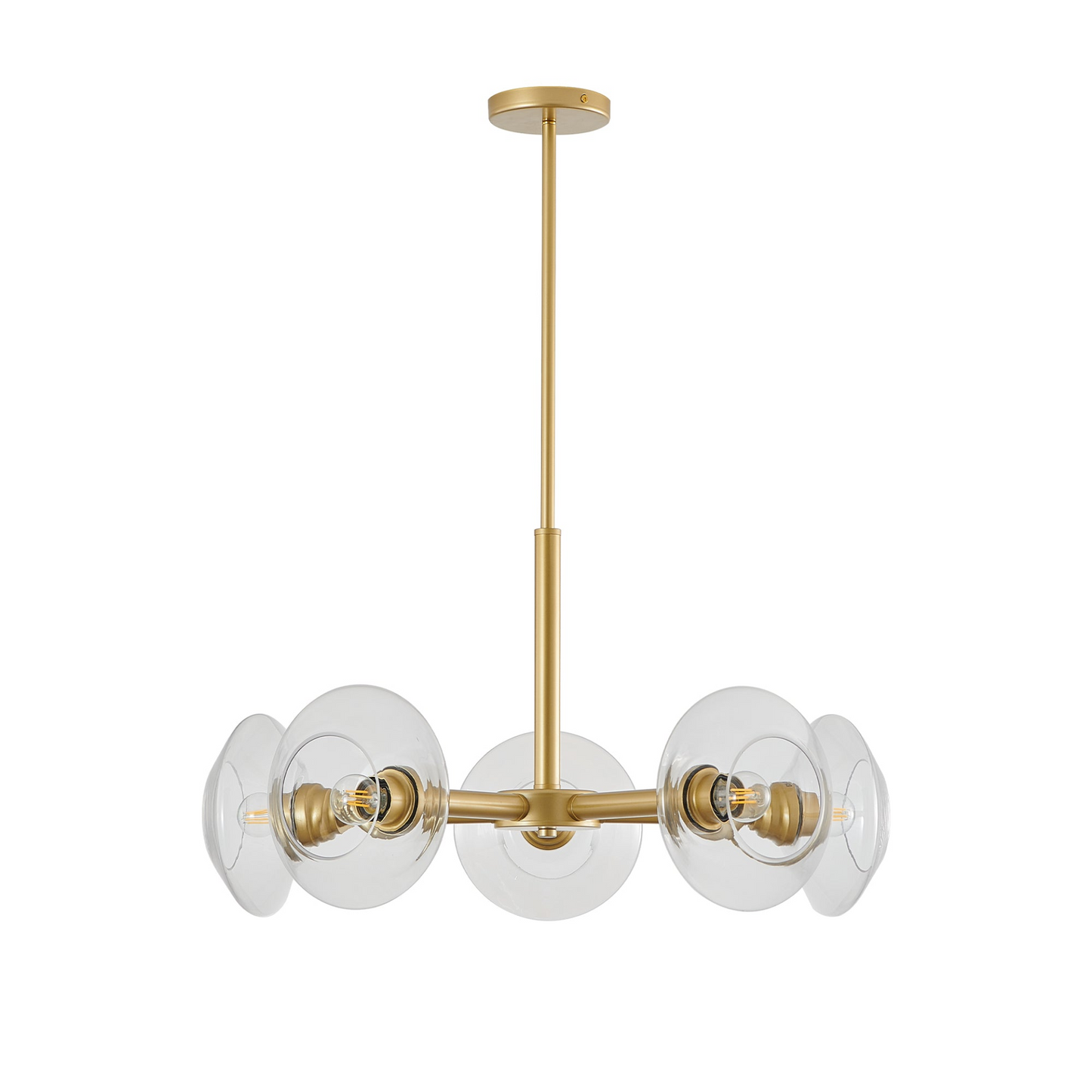 Modern Gold 5-Light Sputnik Chandelier with Clear Glass Shades, Mid-Century Hanging Pendant Light Fixture for Dining Room, Living Room, or Kitchen (Bulb Not Included)