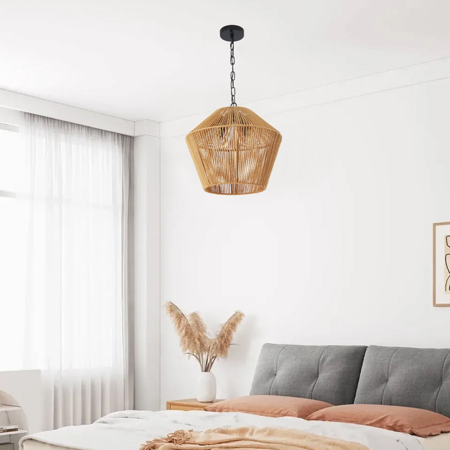 Boho Hemp Rope Pendant Light, Handcrafted Farmhouse Hanging Light Fixture for Kitchen Island, Dining Room, or Bedroom, Natural Finish, Adjustable Height (Bulb Not Included)