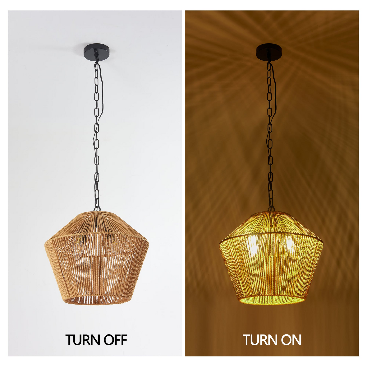 Boho Hemp Rope Pendant Light, Handcrafted Farmhouse Hanging Light Fixture for Kitchen Island, Dining Room, or Bedroom, Natural Finish, Adjustable Height (Bulb Not Included)