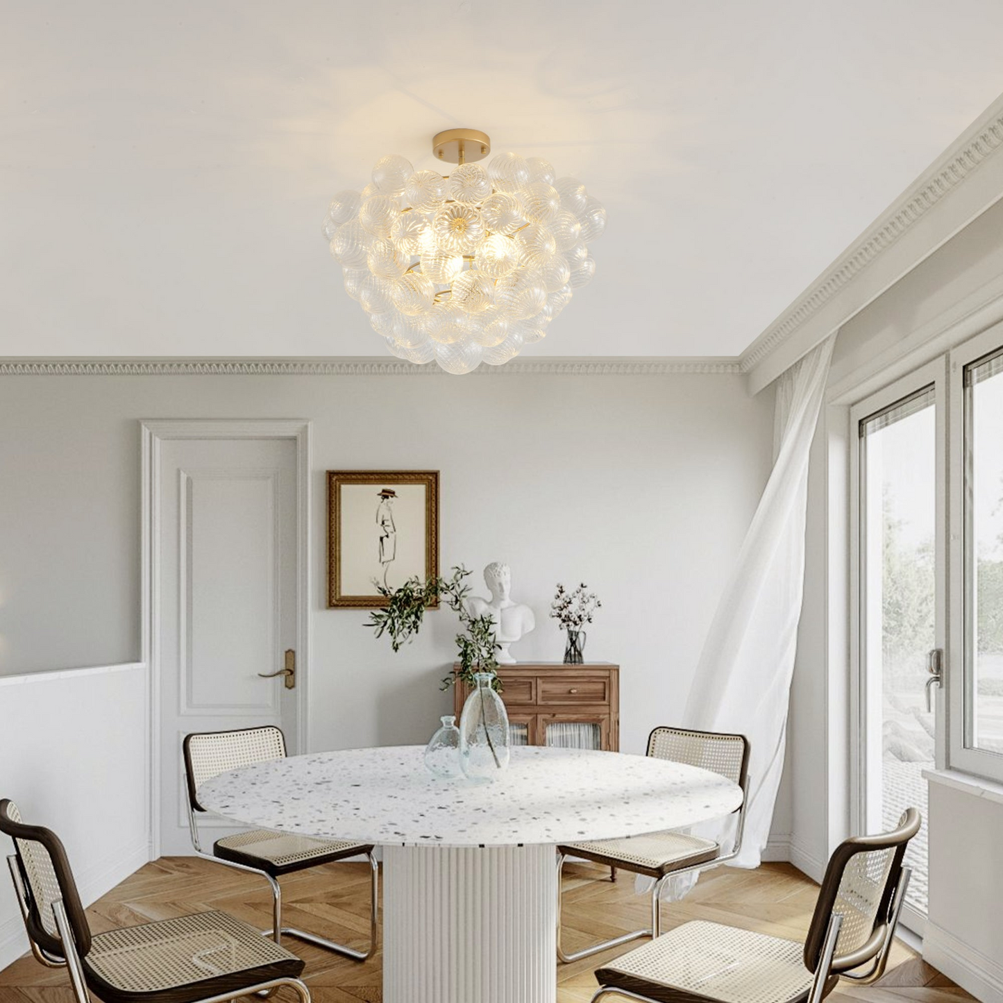 20-Inch Gold Ceiling Pendant Light with Threaded Clear Glass Globe Shade – Ideal for Living Room, Dining Room, Kitchen (Non Adjustable Height, No Bulbs)