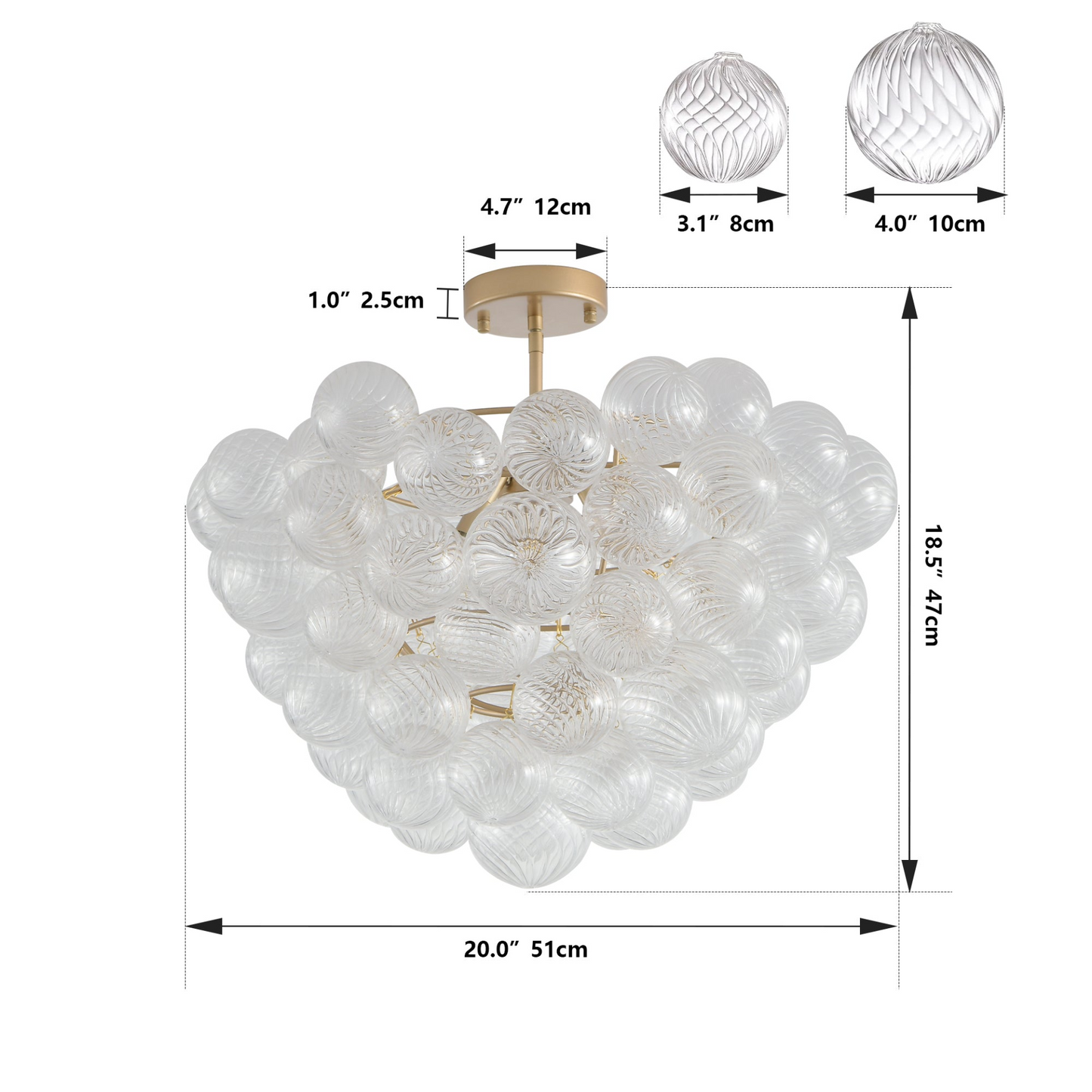 20-Inch Gold Ceiling Pendant Light with Threaded Clear Glass Globe Shade – Ideal for Living Room, Dining Room, Kitchen (Non Adjustable Height, No Bulbs)