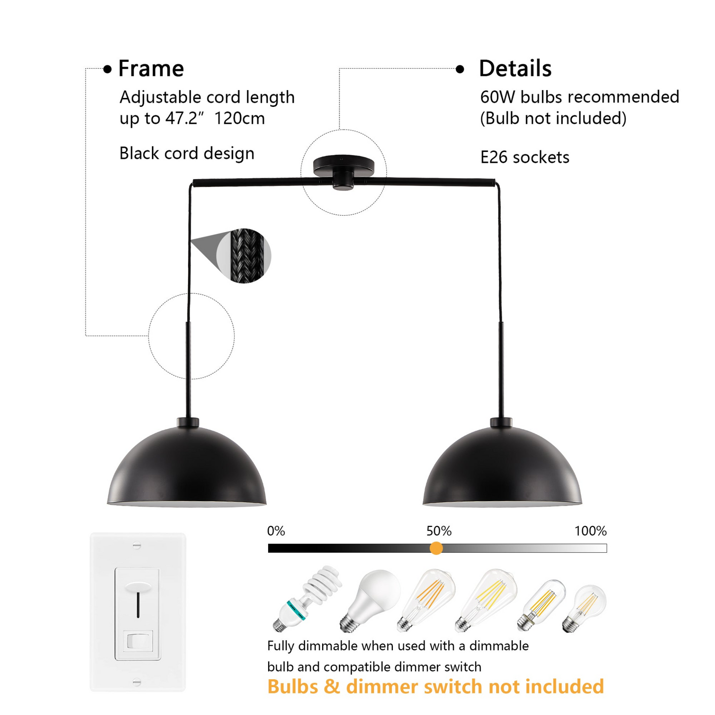 Industrial Modern Black Double Pendant Light – Adjustable Ceiling Hanging Lamp with Matte Finish for Dining Room, Kitchen, or Living Room – Stylish and Durable Lighting Fixture (No Bulbs)