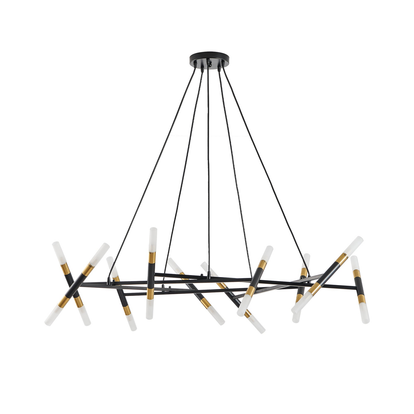 Black & Golden Modern Chandelier Light Fixture, Branch Design with Frosted Tubes, Black Cords, Adjustable Height Pendant Light for Dining Room, Living Room, or Kitchen Island (Bulb Not Included)