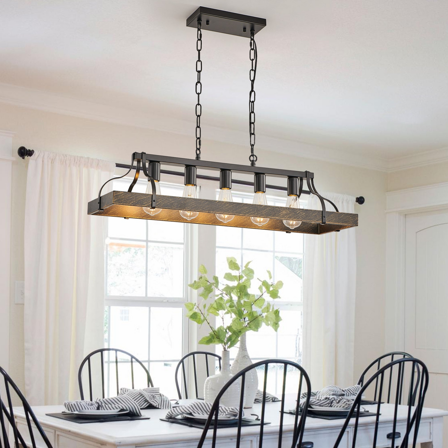 33.7-Inch Black and Gold Vintage Pendant Light, 5 E26 Bulb Sockets, Adjustable Chain Height – Antique Style Chandelier for Dining Room, Kitchen, or Living Room (Bulb Not Included)
