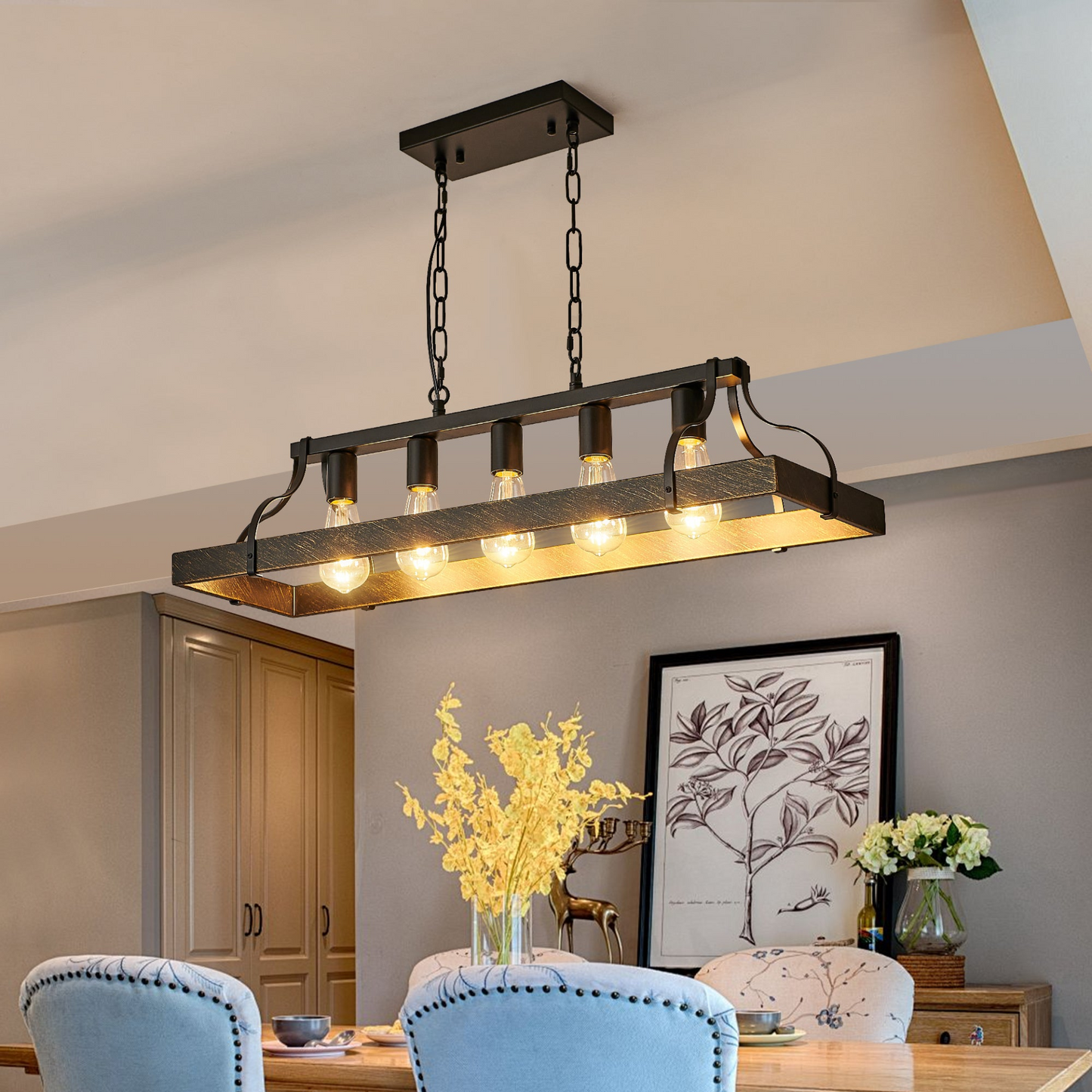 33.7-Inch Black and Gold Vintage Pendant Light, 5 E26 Bulb Sockets, Adjustable Chain Height – Antique Style Chandelier for Dining Room, Kitchen, or Living Room (Bulb Not Included)