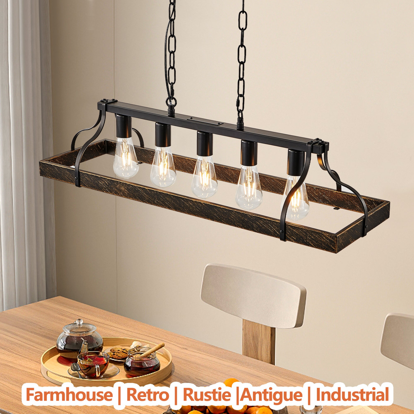 33.7-Inch Black and Gold Vintage Pendant Light, 5 E26 Bulb Sockets, Adjustable Chain Height – Antique Style Chandelier for Dining Room, Kitchen, or Living Room (Bulb Not Included)