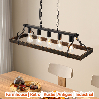 33.7-Inch Black and Gold Vintage Pendant Light, 5 E26 Bulb Sockets, Adjustable Chain Height – Antique Style Chandelier for Dining Room, Kitchen, or Living Room (Bulb Not Included)