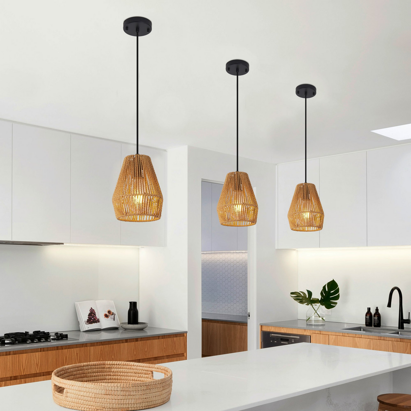 Set of 3 Rustic Hemp Rope Pendant Light, Handcrafted Farmhouse Hanging Light Fixture, Adjustable Height Ceiling Lamp for Kitchen Island, Dining Room, or Living Room, Natural Woven Design (No Bulb)