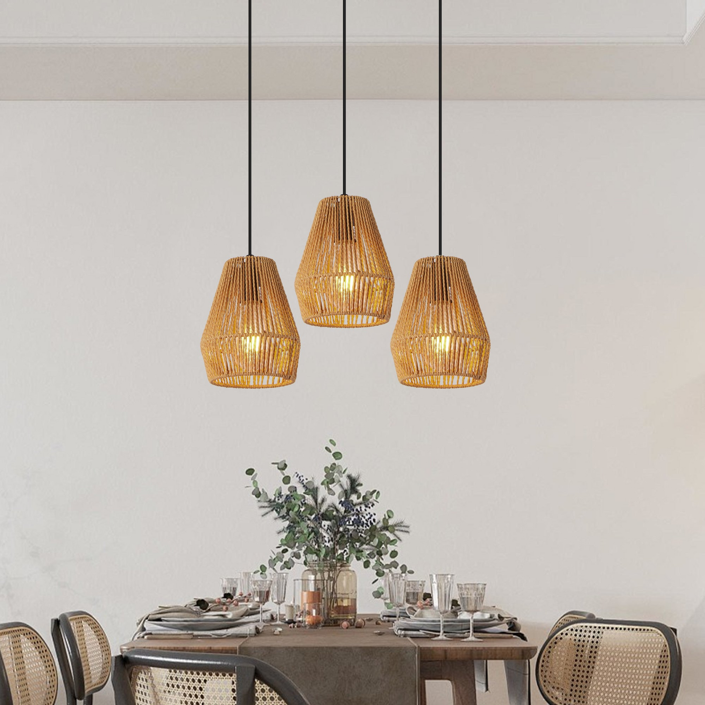 Set of 3 Rustic Hemp Rope Pendant Light, Handcrafted Farmhouse Hanging Light Fixture, Adjustable Height Ceiling Lamp for Kitchen Island, Dining Room, or Living Room, Natural Woven Design (No Bulb)