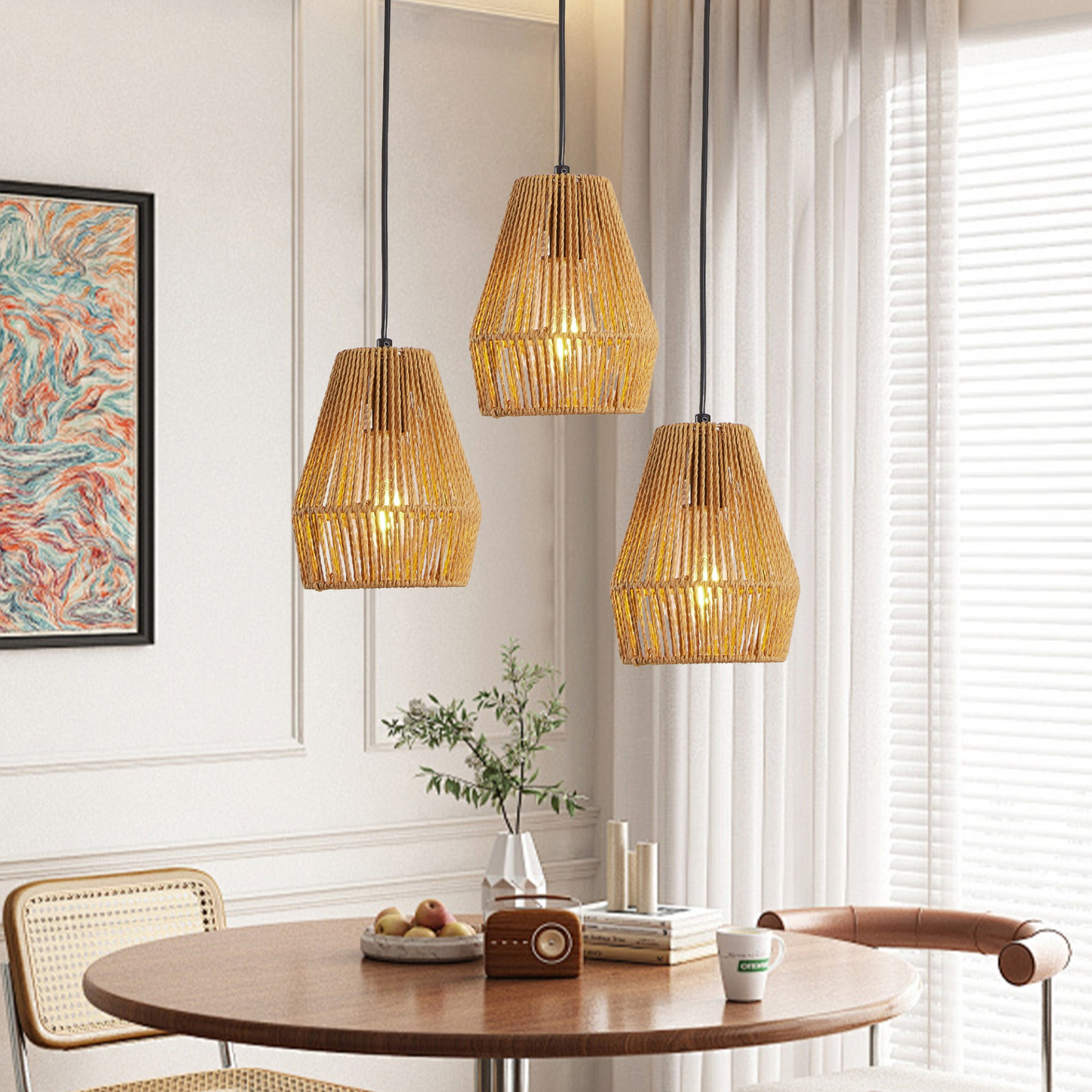 Set of 3 Rustic Hemp Rope Pendant Light, Handcrafted Farmhouse Hanging Light Fixture, Adjustable Height Ceiling Lamp for Kitchen Island, Dining Room, or Living Room, Natural Woven Design (No Bulb)