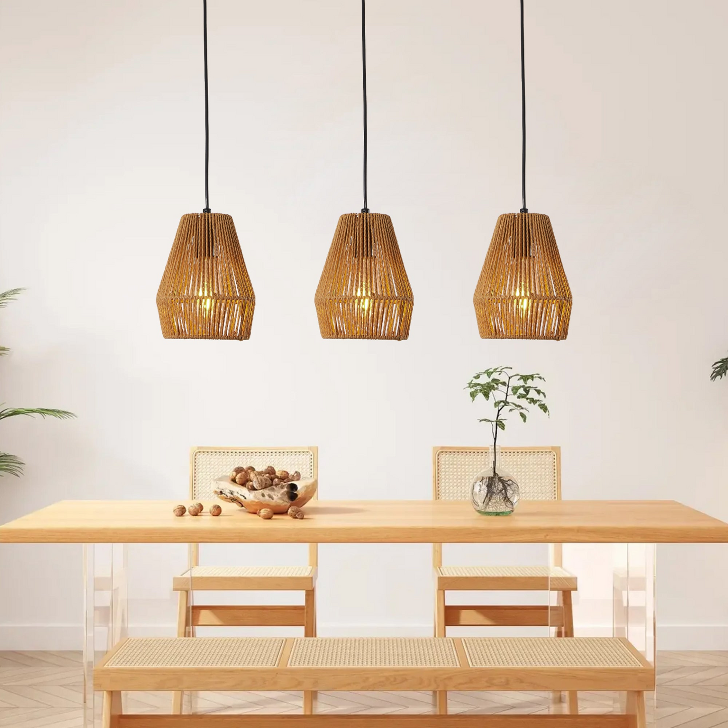 Set of 3 Rustic Hemp Rope Pendant Light, Handcrafted Farmhouse Hanging Light Fixture, Adjustable Height Ceiling Lamp for Kitchen Island, Dining Room, or Living Room, Natural Woven Design (No Bulb)