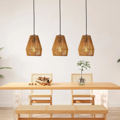 Set of 3 Rustic Hemp Rope Pendant Light, Handcrafted Farmhouse Hanging Light Fixture, Adjustable Height Ceiling Lamp for Kitchen Island, Dining Room, or Living Room, Natural Woven Design (No Bulb)
