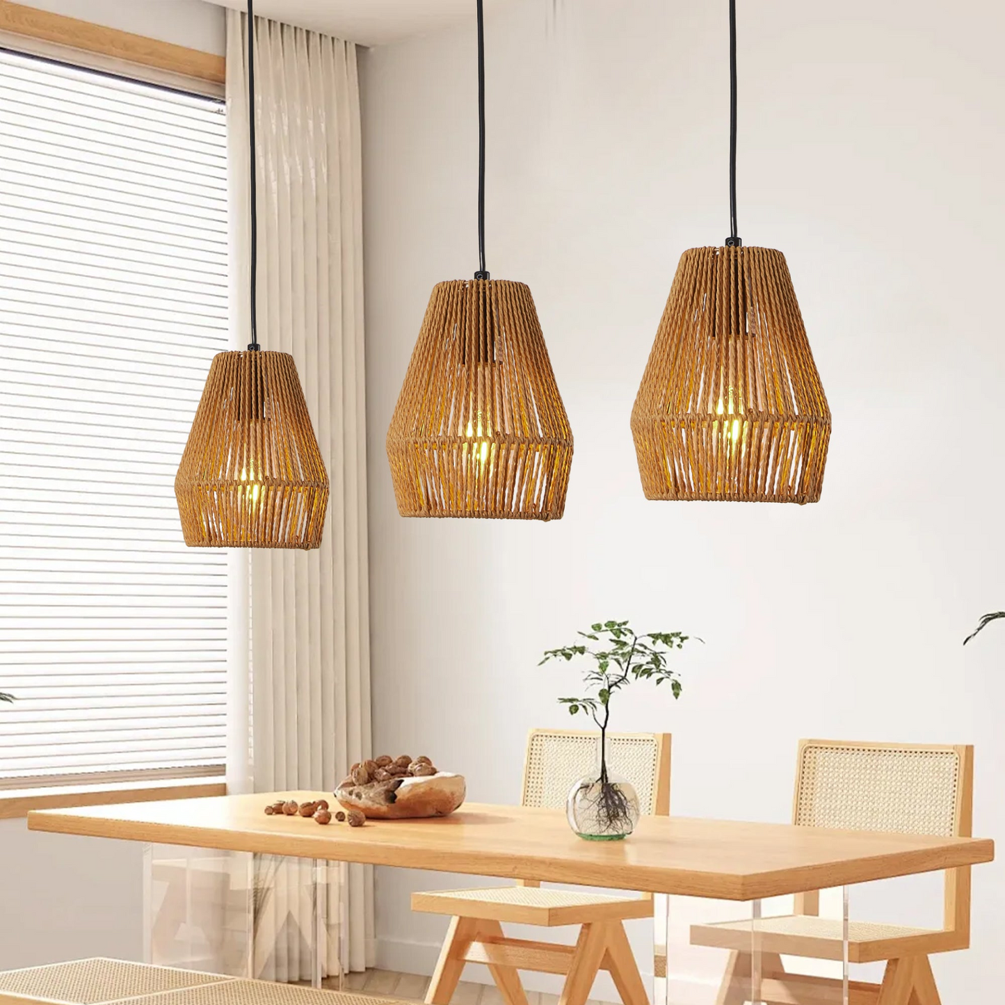Set of 3 Rustic Hemp Rope Pendant Light, Handcrafted Farmhouse Hanging Light Fixture, Adjustable Height Ceiling Lamp for Kitchen Island, Dining Room, or Living Room, Natural Woven Design (No Bulb)