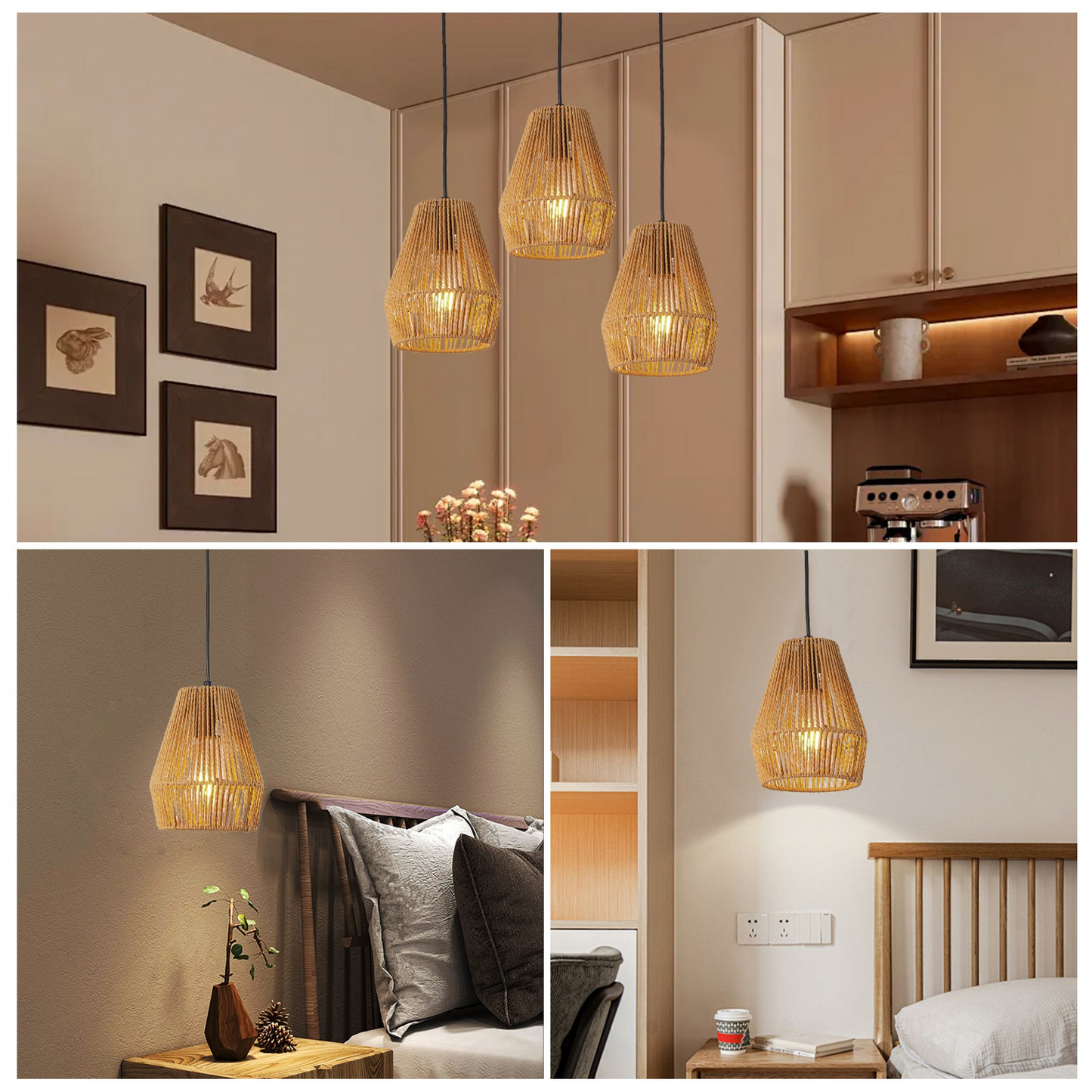 Set of 3 Rustic Hemp Rope Pendant Light, Handcrafted Farmhouse Hanging Light Fixture, Adjustable Height Ceiling Lamp for Kitchen Island, Dining Room, or Living Room, Natural Woven Design (No Bulb)