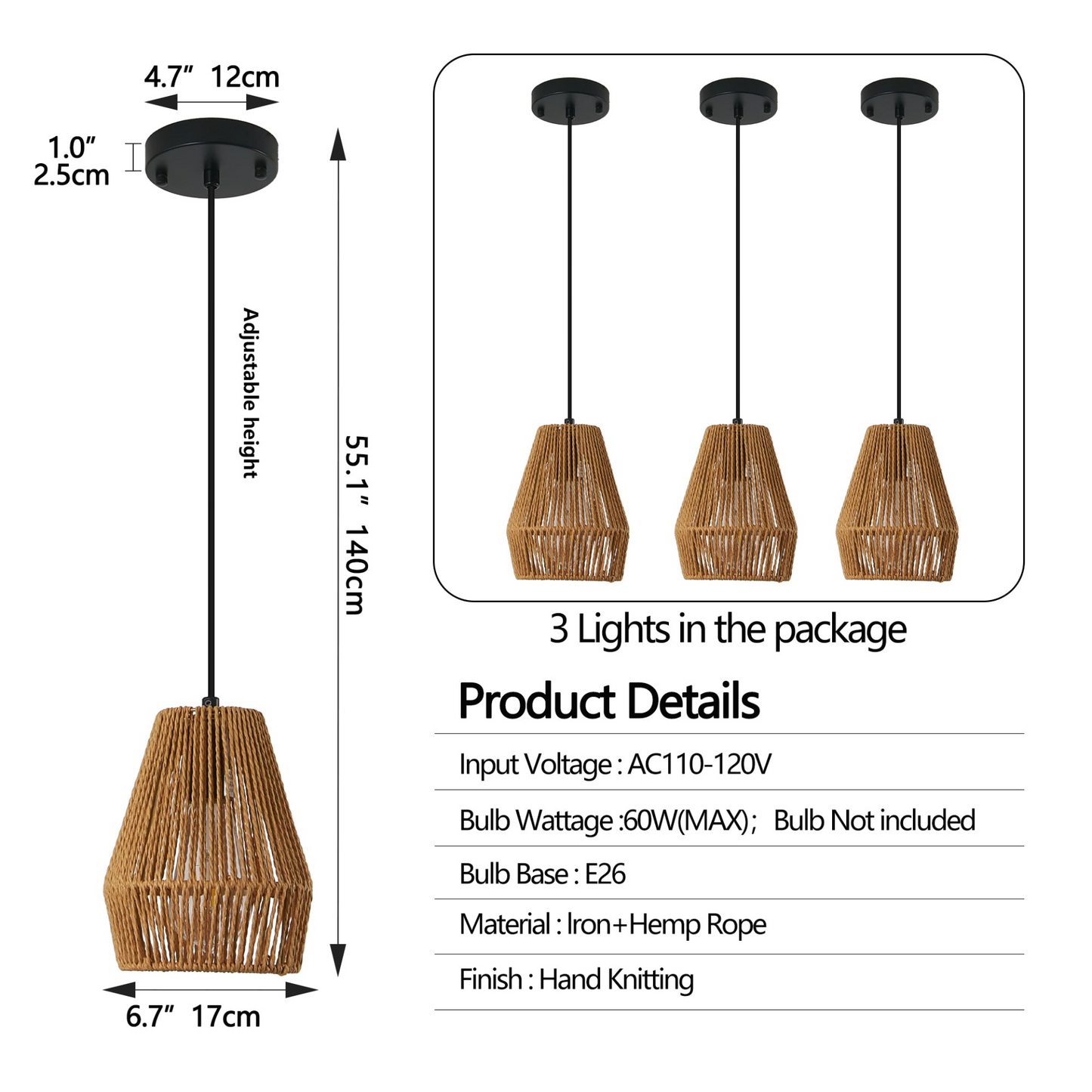 Set of 3 Rustic Hemp Rope Pendant Light, Handcrafted Farmhouse Hanging Light Fixture, Adjustable Height Ceiling Lamp for Kitchen Island, Dining Room, or Living Room, Natural Woven Design (No Bulb)