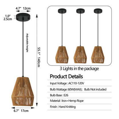 Set of 3 Rustic Hemp Rope Pendant Light, Handcrafted Farmhouse Hanging Light Fixture, Adjustable Height Ceiling Lamp for Kitchen Island, Dining Room, or Living Room, Natural Woven Design (No Bulb)