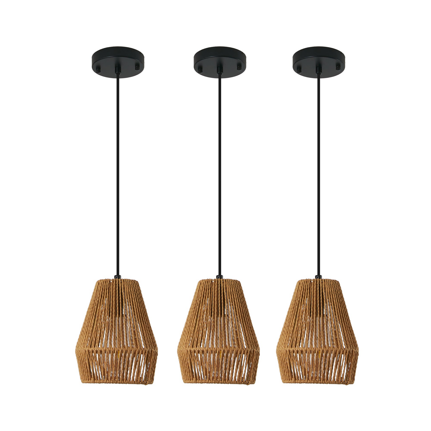 Set of 3 Rustic Hemp Rope Pendant Light, Handcrafted Farmhouse Hanging Light Fixture, Adjustable Height Ceiling Lamp for Kitchen Island, Dining Room, or Living Room, Natural Woven Design (No Bulb)