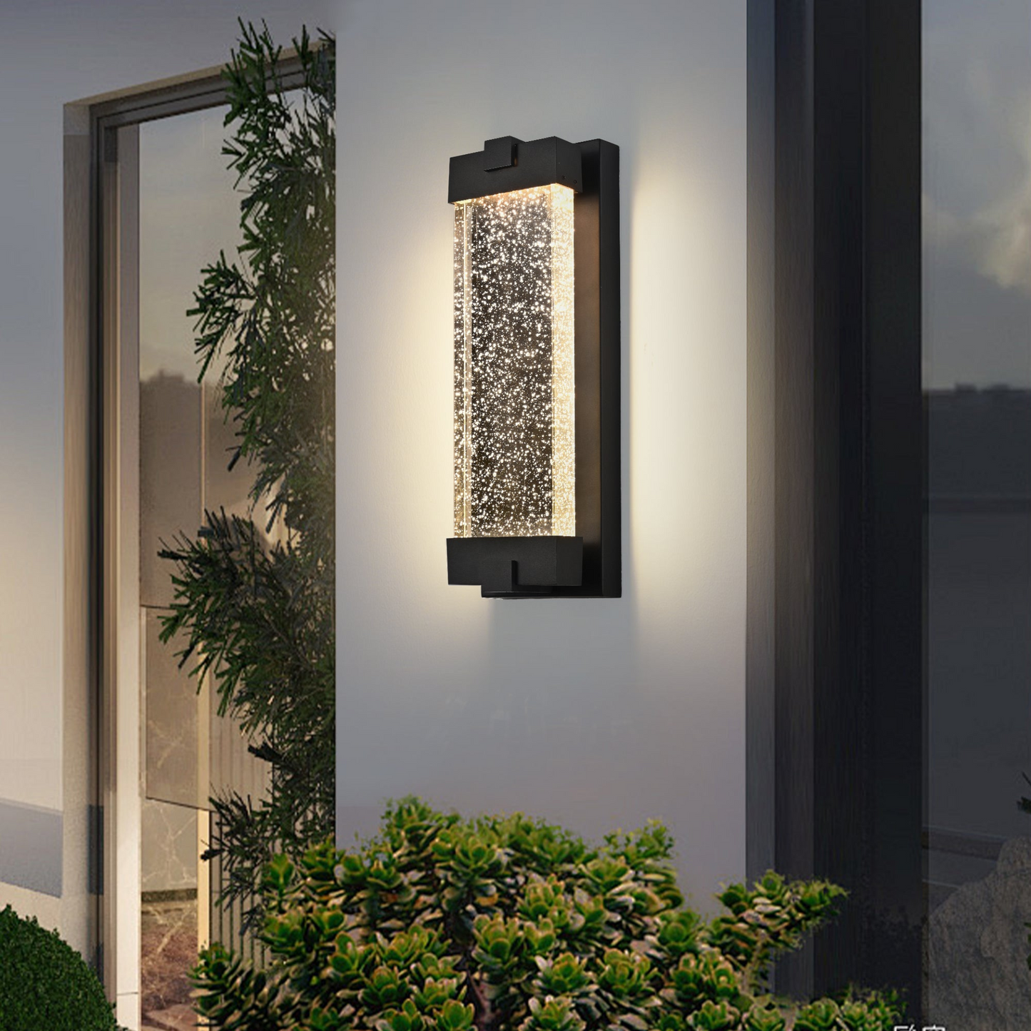 Black Aluminum Finish Outdoor Wall Light with Bubble Crystal Glass, LED Light Source, 3000K Warm Light, Weatherproof Exterior Sconce for Patio, Porch, or Garage (1-pack)